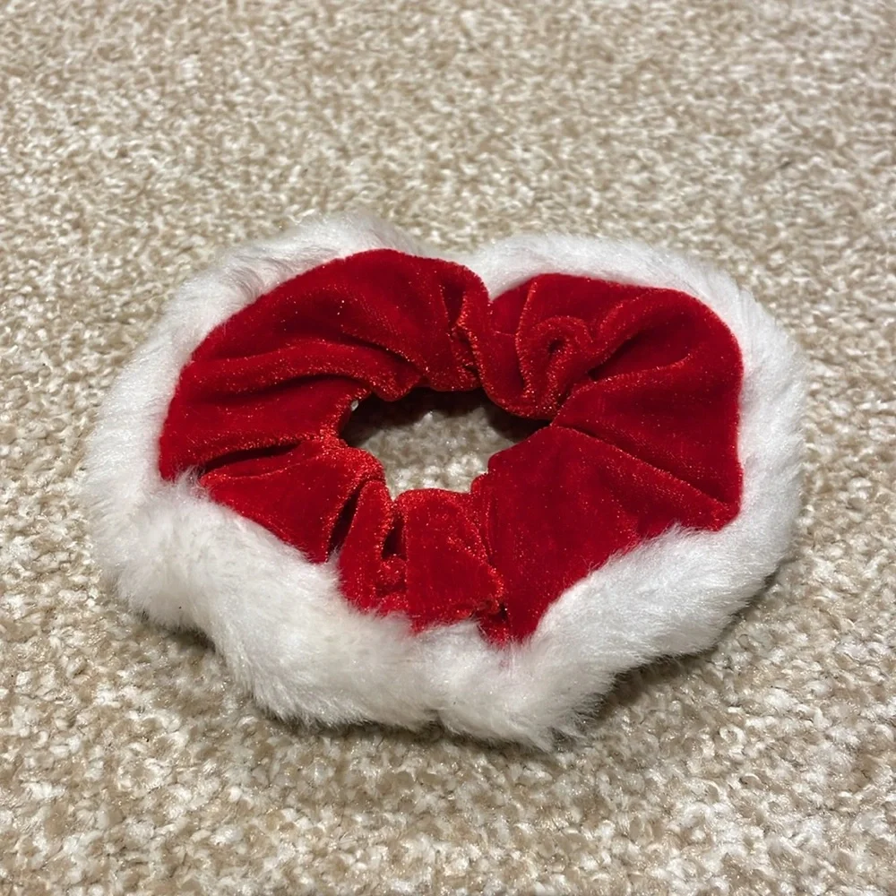 Red & White Santa Claus / Mrs. Claus Velvet Fur Trim Scrunchie With Rhinestones